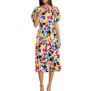 NWT Calvin Klein Floral Print Puff Sleeve A-Line Midi Dress